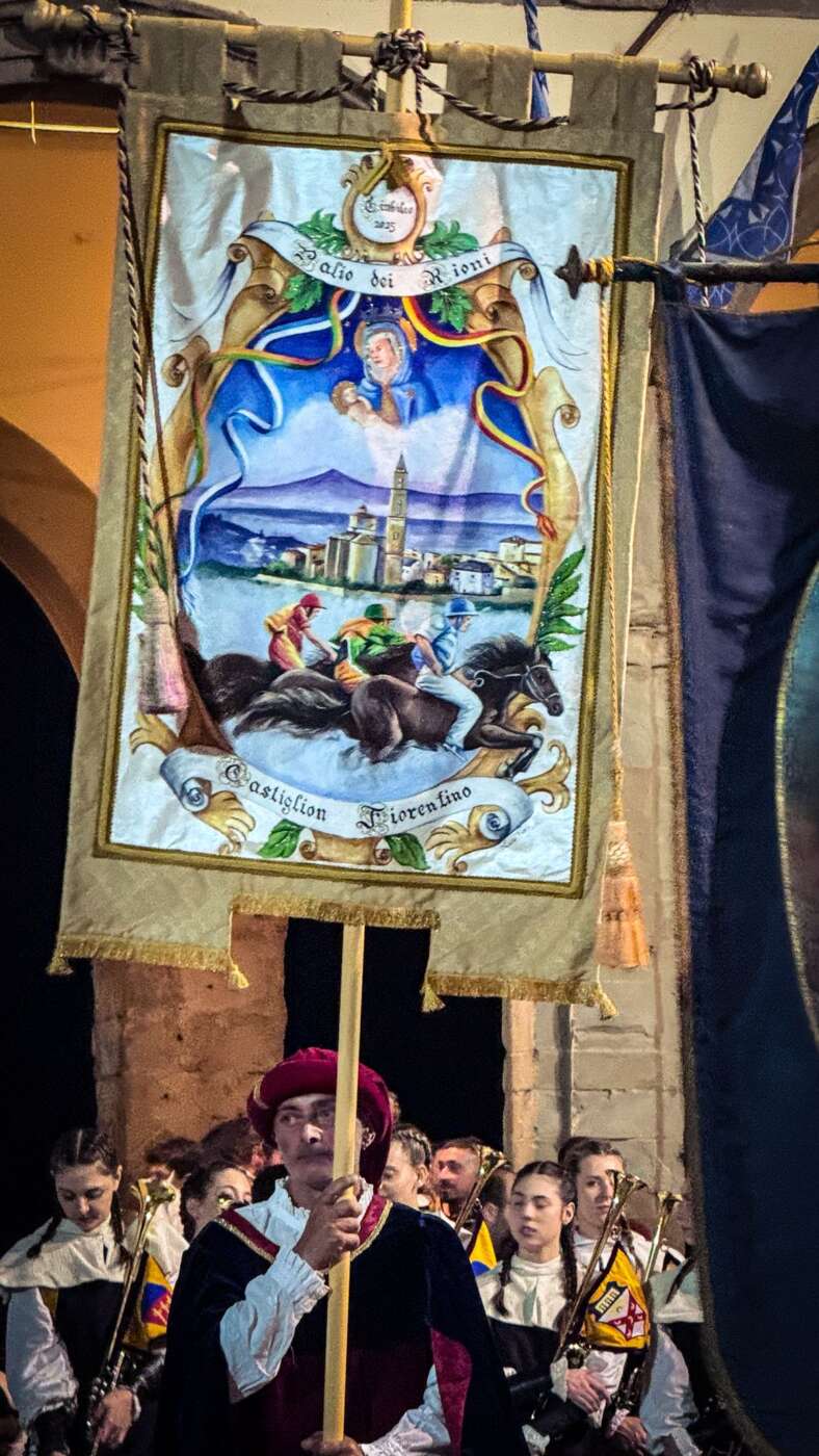 Il drappo del Palio 2025, realizzato su bozzetto dell'artista partenopea Lucia Fiore
